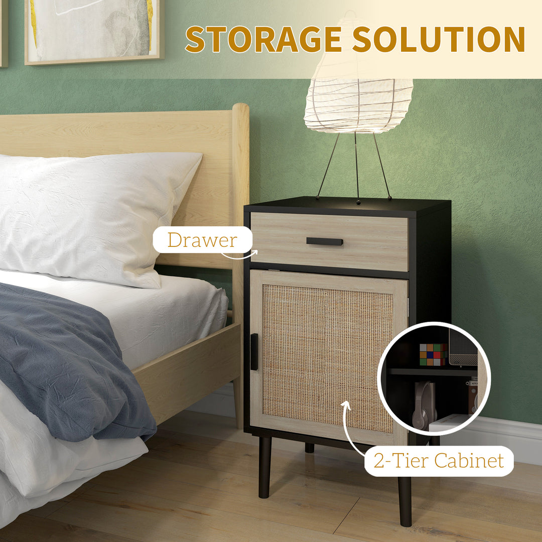 HOMCOM Boho Bedside Tables Set of 2, Nightstands with Drawer, Rattan Cabinet, Adjustable Shelf for Bedroom, Living Room, Black