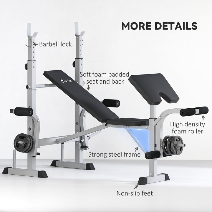 Soozier Bench Press Set Adjustable Weight Bench with Squat Rack, Preacher Curl Pad, Leg Developer and Weight Storage, White