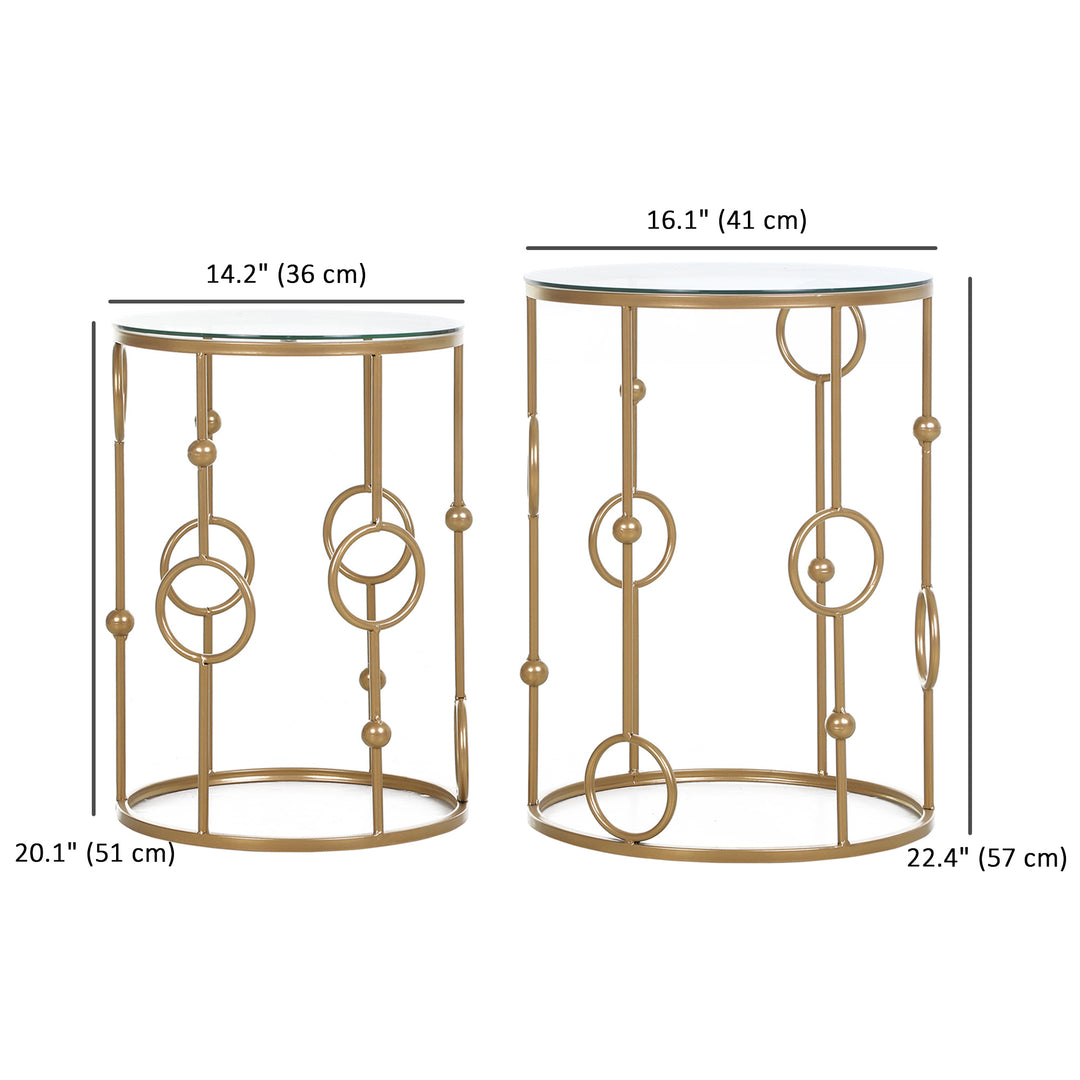 HOMCOM Round Coffee Tables Set of 2, Gold Nesting Side End Tables with Tempered Glass Top, Steel Frame for Living Room