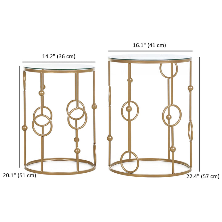 HOMCOM Round Coffee Tables Set of 2, Gold Nesting Side End Tables with Tempered Glass Top, Steel Frame for Living Room