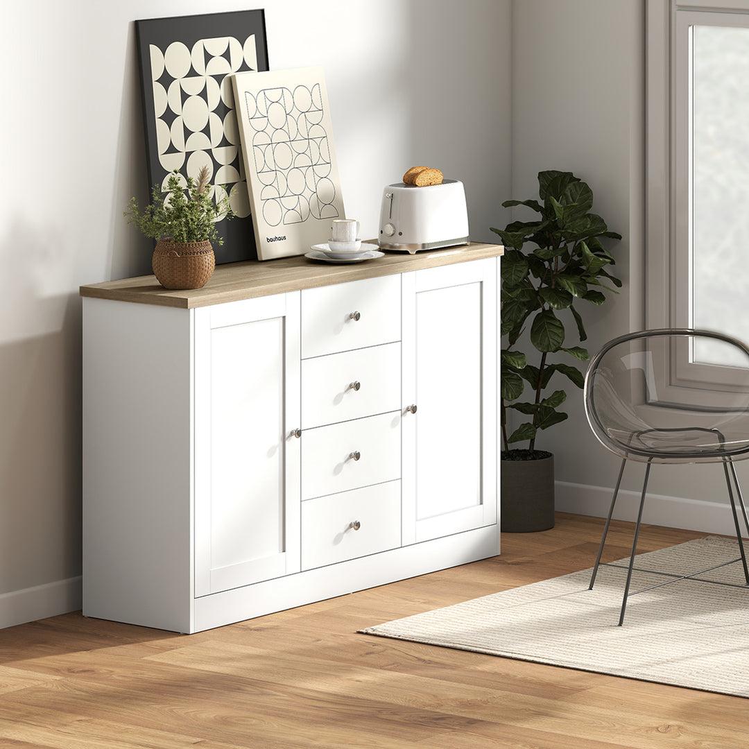 HOMCOM Country Style Sideboard Buffet Cabinet, Coffee Bar Cabinet with Adjustable Shelf, 2 Shaker Doors and 4 Drawers, White
