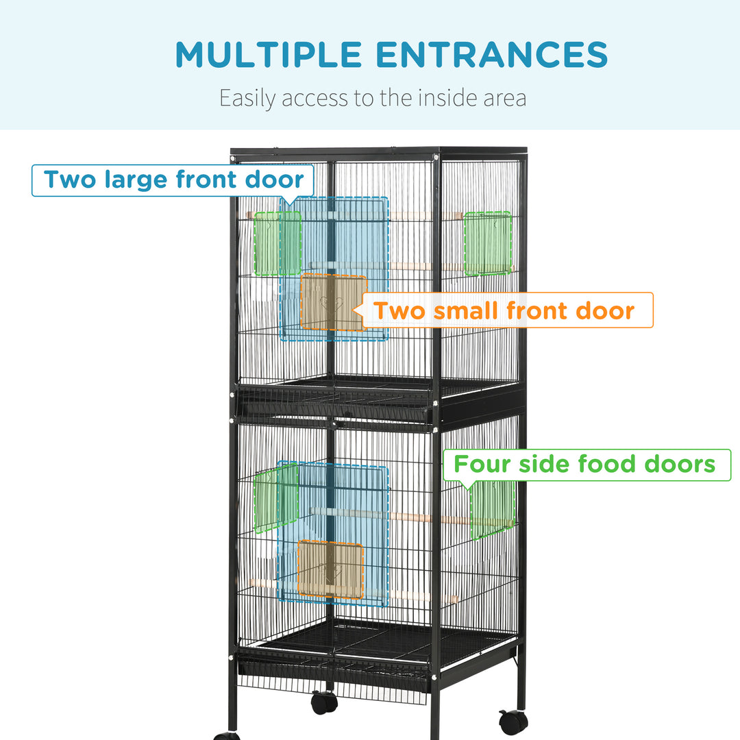 PawHut 55.1" 2 In 1 Bird Cage Aviary Parakeet House for finches, budgies with Wheels, Slide-out Trays, Wood Perch, Food Containers, Light Blue