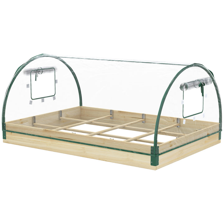 Outsunny 12 Pockets Raised Garden Bed with Greenhouse and Roll Up Windows for Vegetables, Flowers, 4' x 3' x 2', Natural Wood