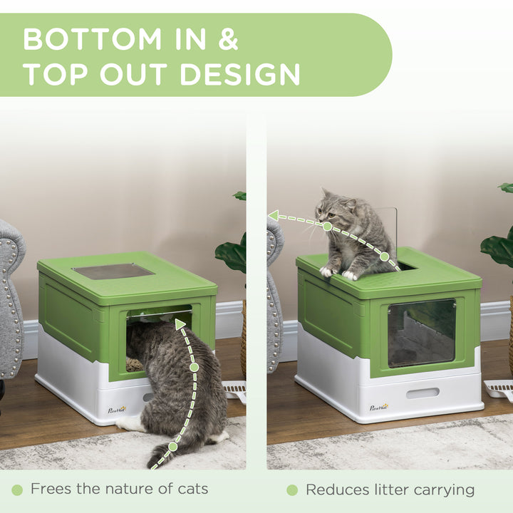 PawHut Top Entry Enclosed Kitty Litter Box with Scoop, Tray, Front Entry, Large Space, Foldable, Portable, Grey