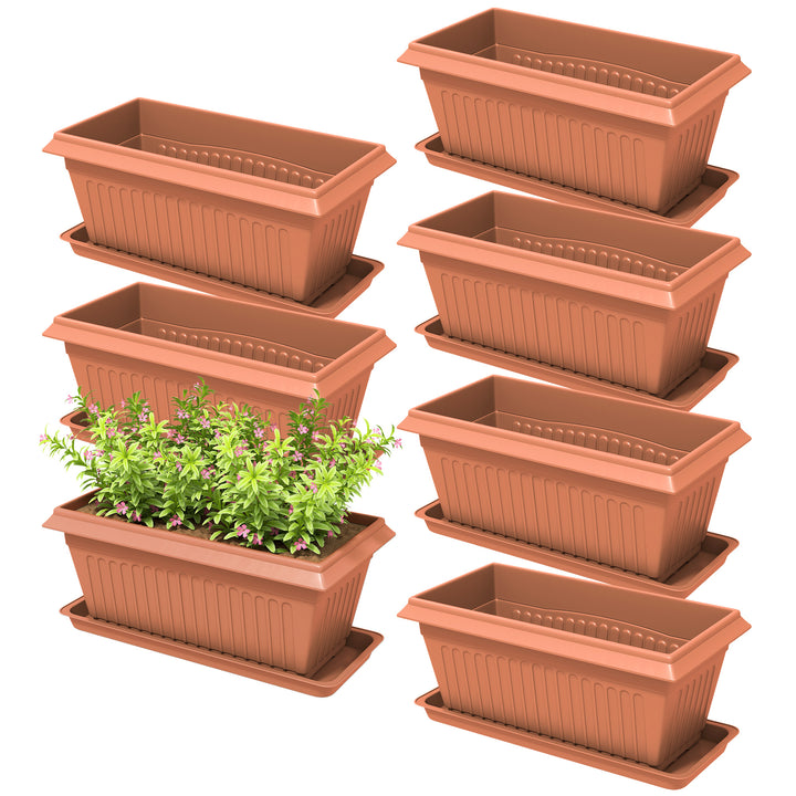Outsunny 7 Pack 15.7" Plastic Flower Planters with Drainage Holes and Trays, Plant Pots for Indoor Outdoor Plants, Green