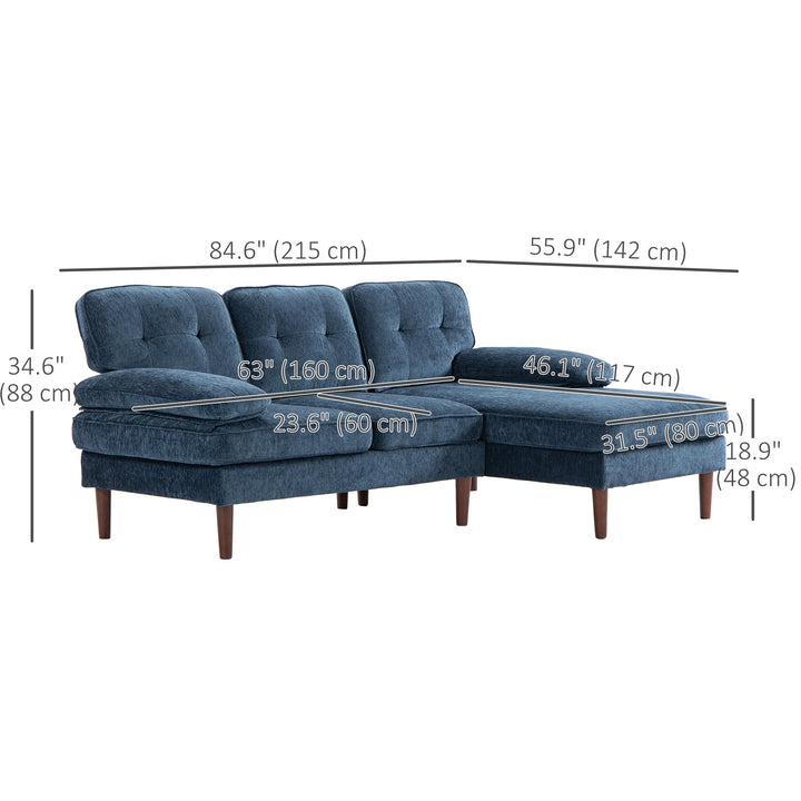HOMCOM Modern Corner Couch with Right Chaise Lounge, Tufted 3-Seater Sofa with Wooden Legs for Living Room, Navy Blue