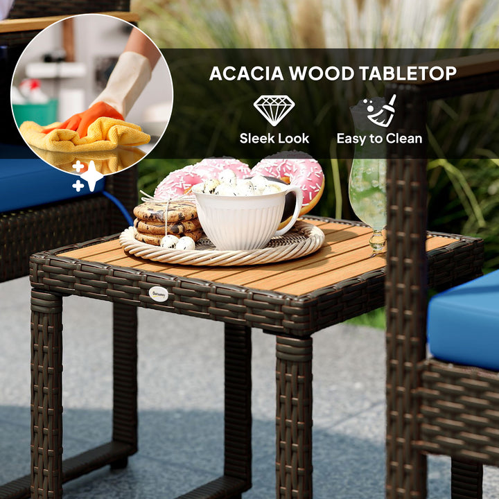 Outsunny 3 Pieces Wicker Patio Furniture Set, Rattan Bistro Set w/ Acacia Wood Table & Removable Cushions, Dark Blue