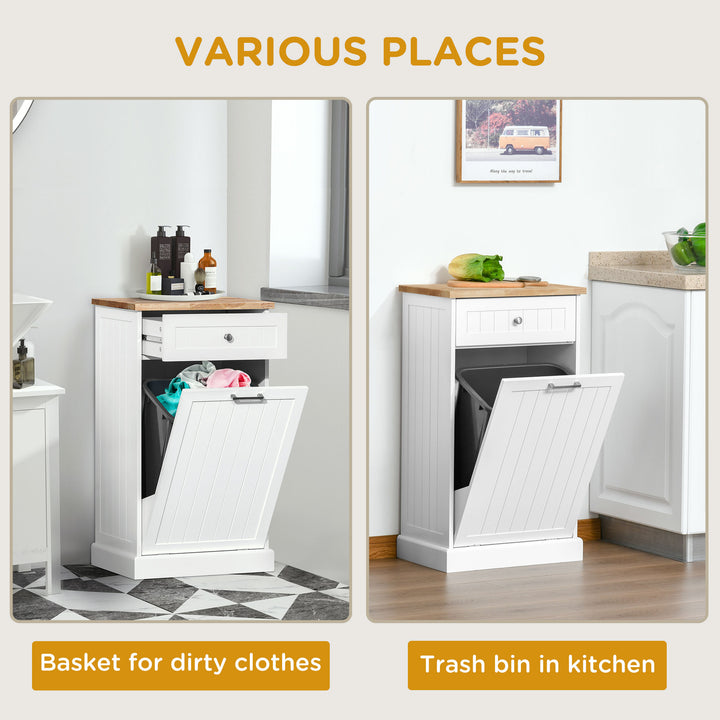 HOMCOM Kitchen Tilt Out Trash Bin Cabinet, Free Standing Recycling Cabinet, Trash Can Holder with Drawer, White