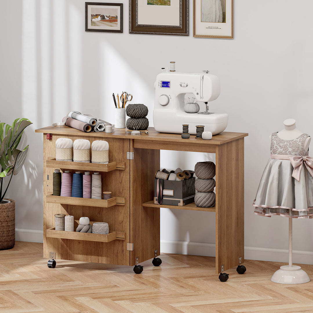 HOMCOM Sewing Machine Cabinet, Folding Sewing Table with Storage Shelf, Bins and Lockable Wheels for Small Space, White