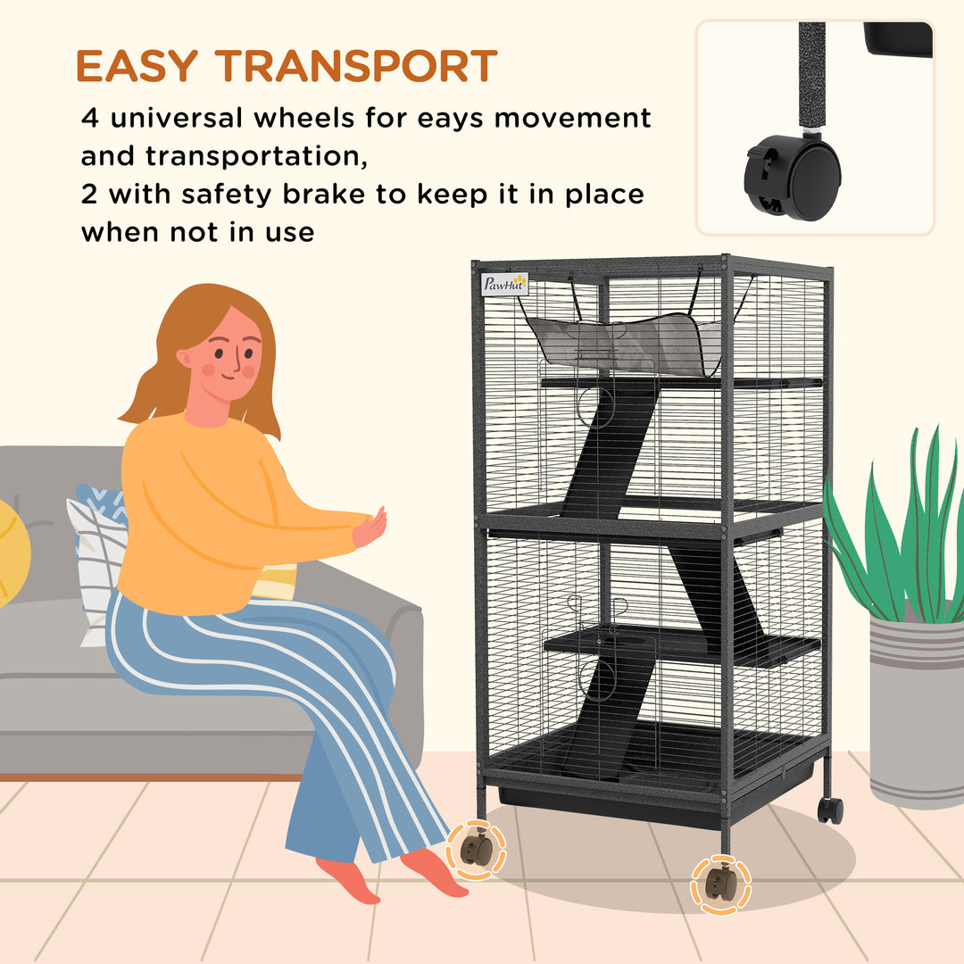 PawHut 4-Tier Rolling Small Animal Cage, Deluxe Guinea Pig Cage, Ferret Cage for Mink Chinchilla Kitten Rabbit