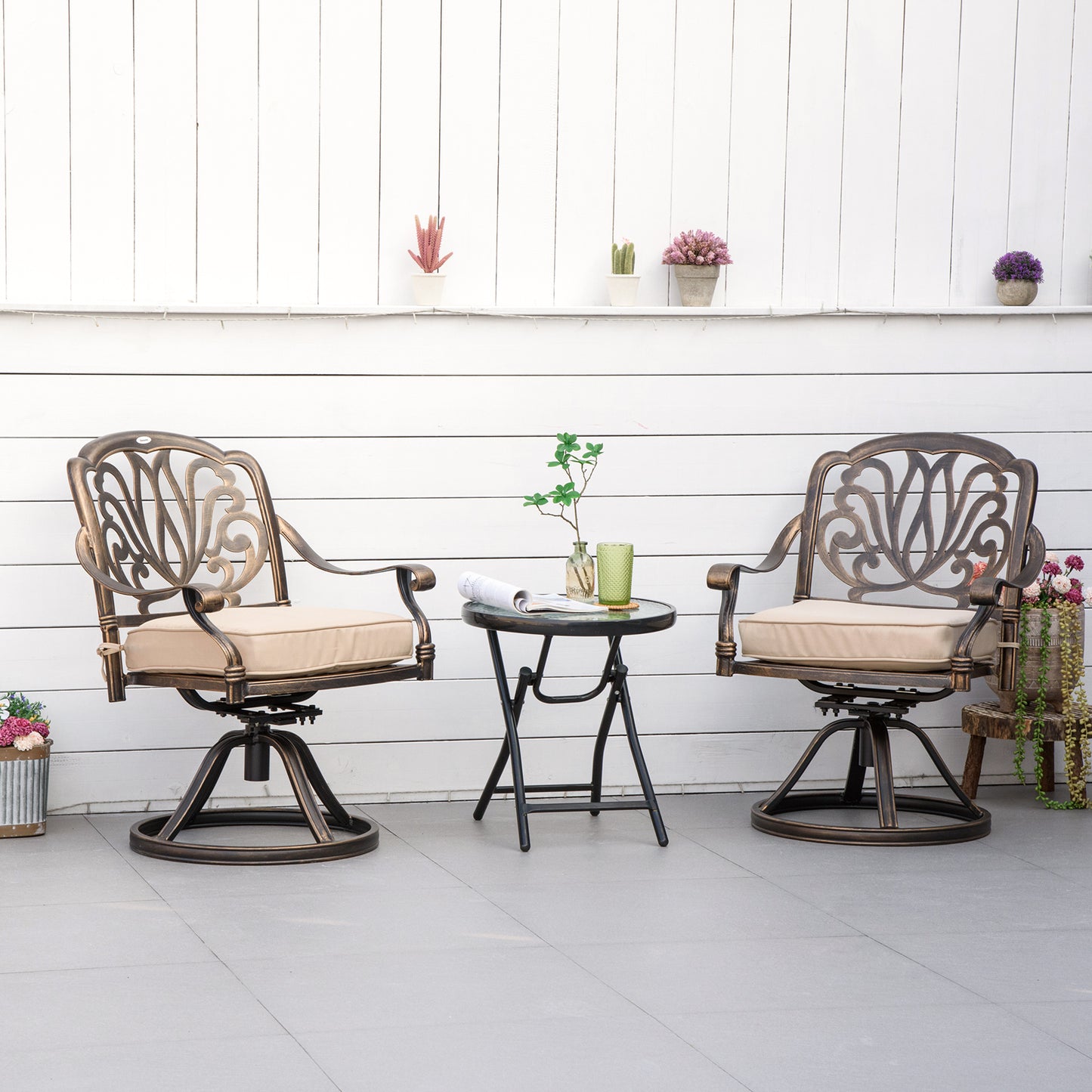 Outsunny 2 Pieces Patio Swivel Chairs with Cushion, Aluminum Frame, 3" Thick Cushions, For Garden, Balcony, Porch, Bronze
