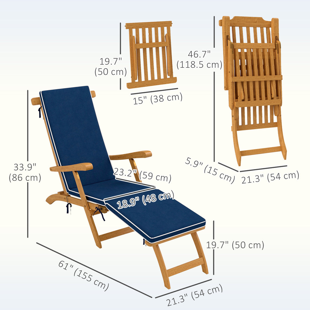 Outsunny Folding Patio Lounge Chair with Padded Cushion, Acacia Wood Patio Lounger Recliner with Footrest for Garden, White