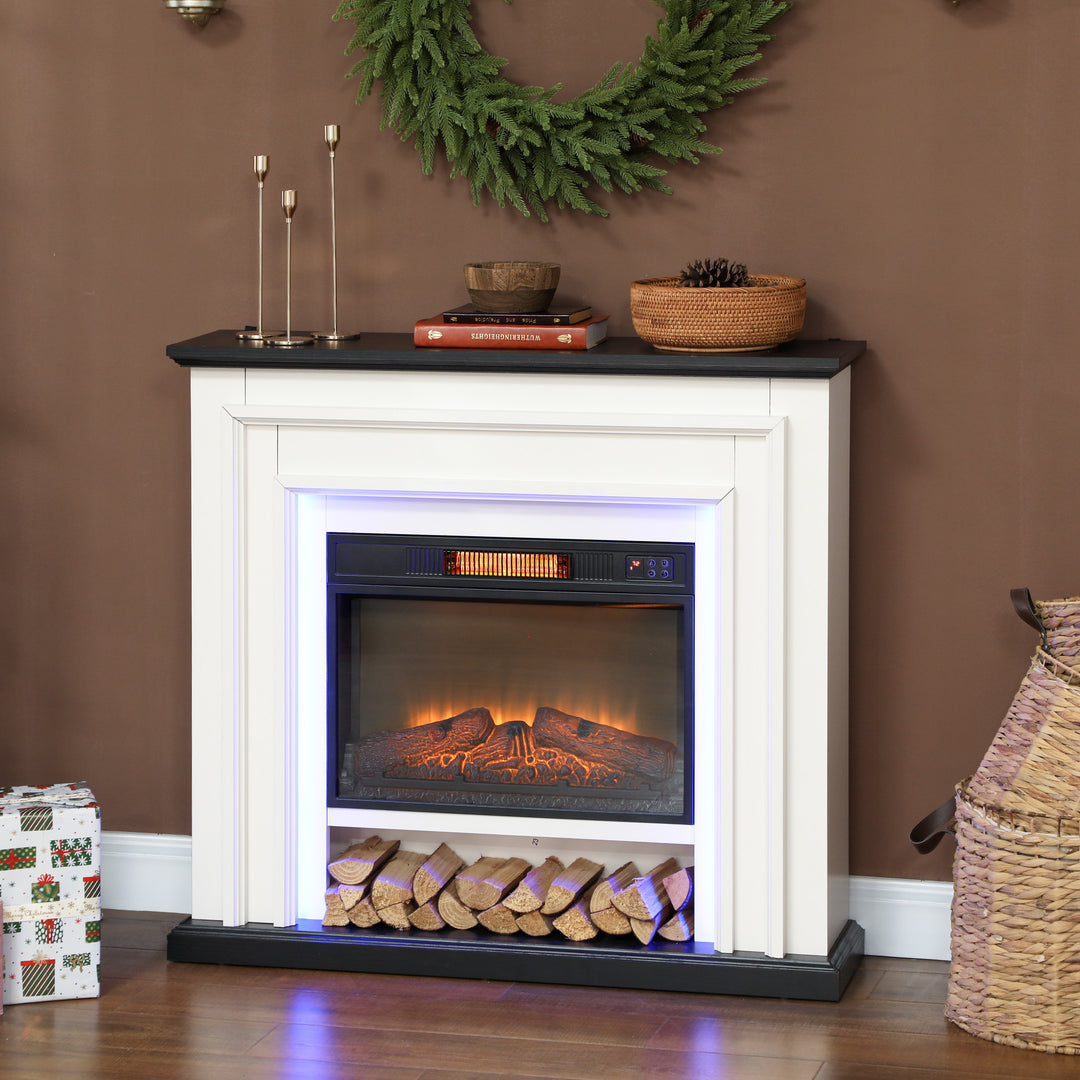 HOMCOM 41 Inch Electric Fireplace with Mantel, 1400W Fireplace Heater with Adjustable 3D Flame Effect, Black and White