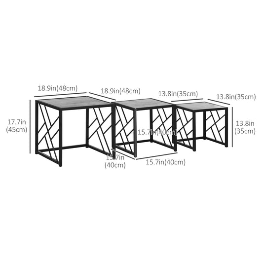 HOMCOM Nest of Tables Set of 3, Square Coffee Table Set with Metal Frame for Living Room, Bedroom, Grey