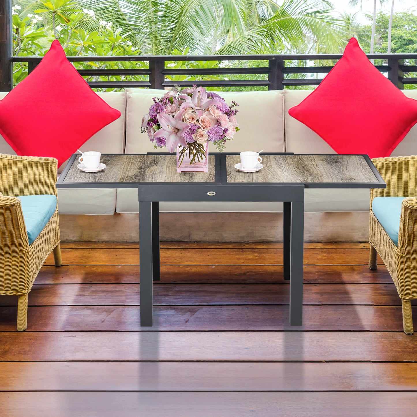 Outsunny Extendable Dining Table, Rectangular Patio Outdoor Table with Aluminum Frame and Plastic Board Tabletop for Lawn, Beige