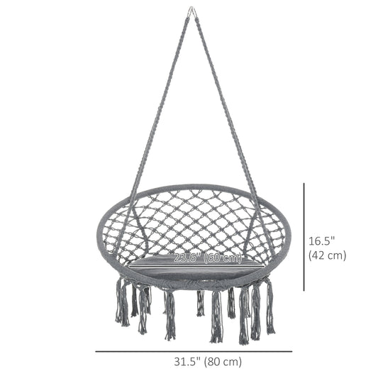 Outsunny Patio Hammock Chair, Hanging Rope Hammock Swing for Indoor & Outdoor Use with Backrest, Cotton-Polyester Blend, Fringe Tassels, Dark Grey