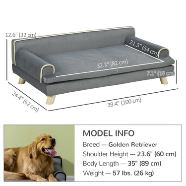 PawHut Elevated Dog Sofa Bed, Cat Couch with Cushion, Washable Cover, Wooden Legs, for Medium & Large Dogs, Dark Grey