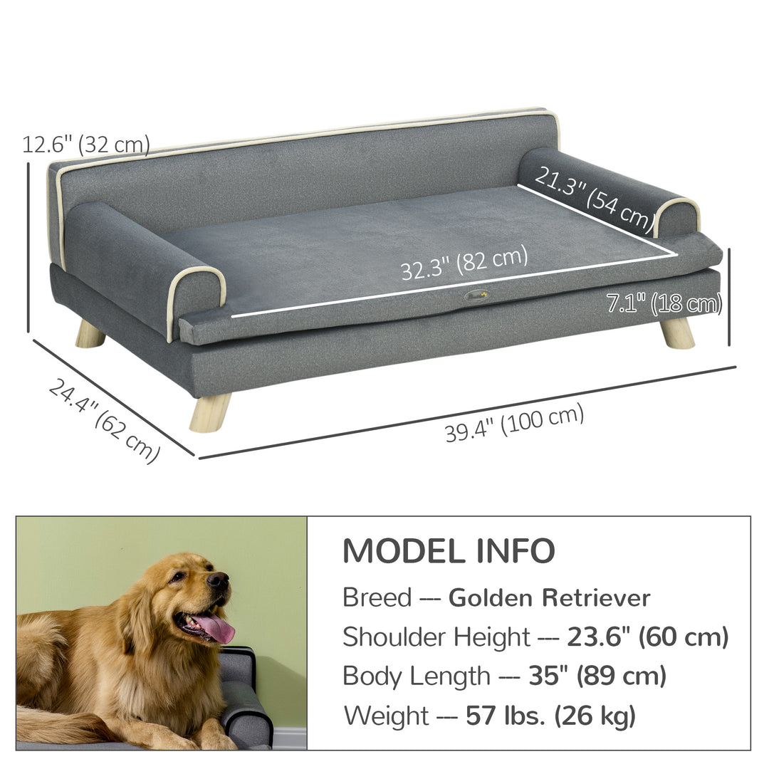 PawHut Elevated Dog Sofa Bed, Cat Couch with Cushion, Washable Cover, Wooden Legs, for Medium & Large Dogs, Dark Grey