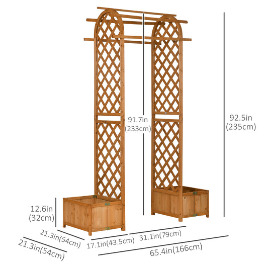 Outsunny 7.7FT Garden Arch with 2 Foldable Planter Boxes, Outdoor Wooden Trellis Arbor for Ceremony Party Weddings, Brown