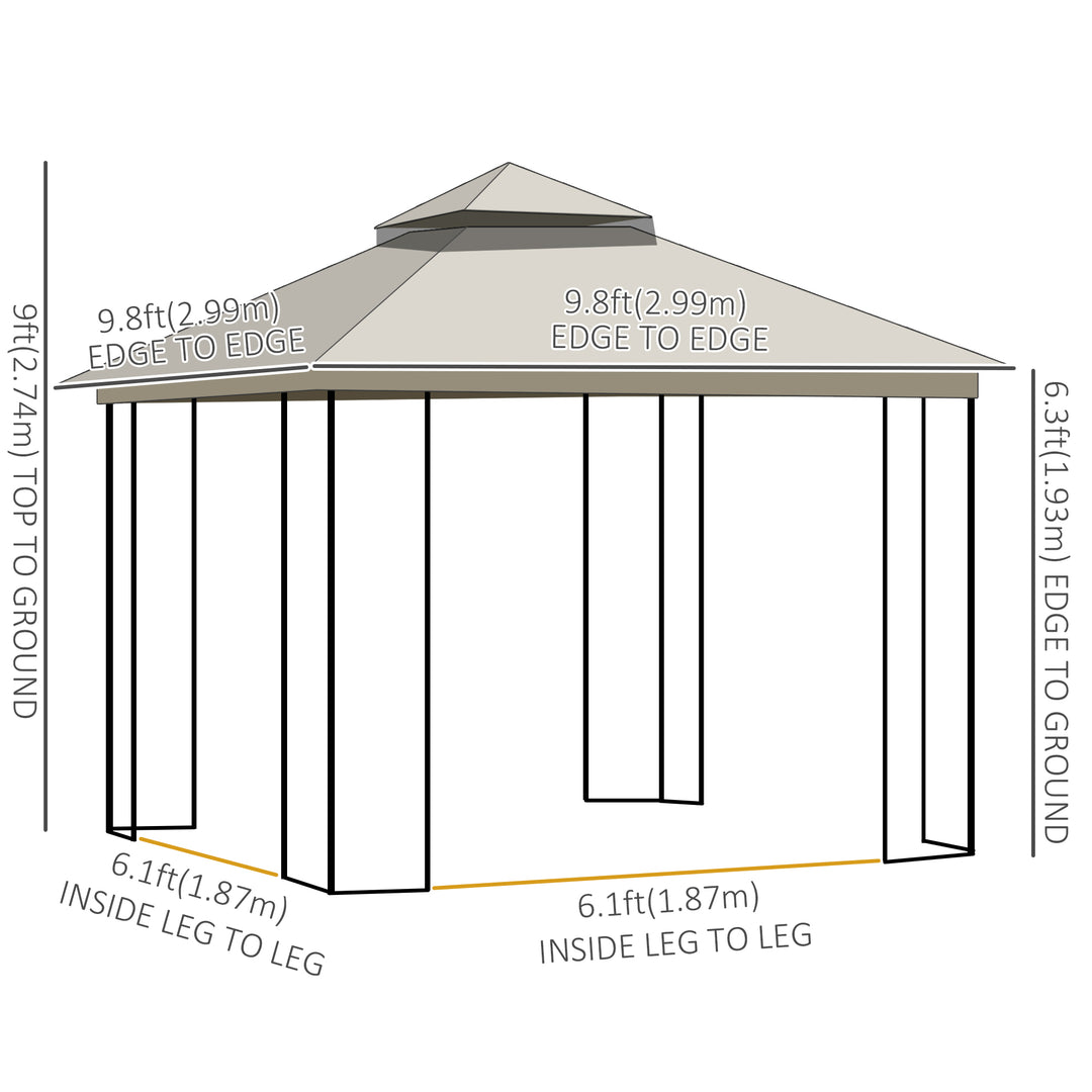 Outsunny 10'x10' Soft-top Patio Gazebo with Double Tier Roof, Mesh Curtains, Display Shelves, Top Hooks, Coffee