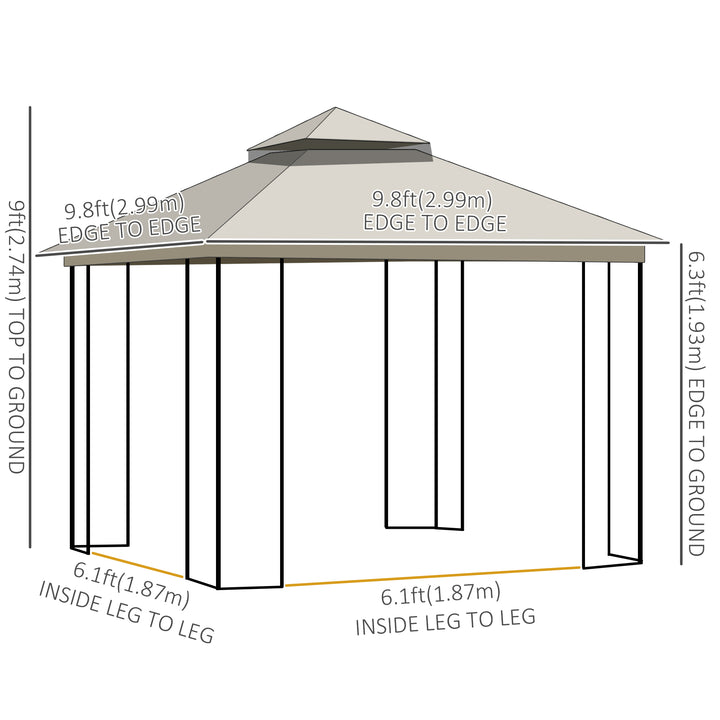 Outsunny 10'x10' Soft-top Patio Gazebo with Double Tier Roof, Mesh Curtains, Display Shelves, Top Hooks, Coffee
