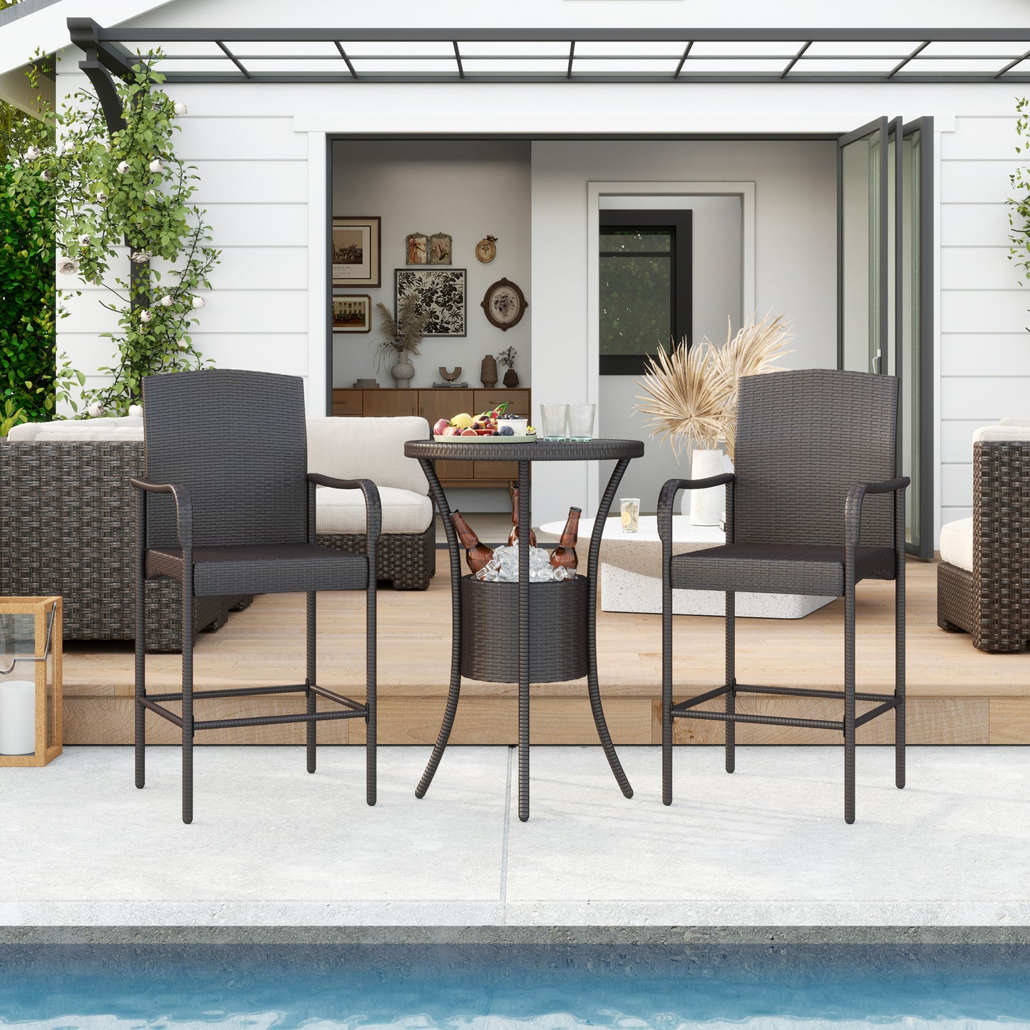 Outsunny 3 Pieces Patio Bar Set, Rattan Bistro Table and Chairs, Outdoor Conversation Furniture Set with Ice Bucket, Dark Brown