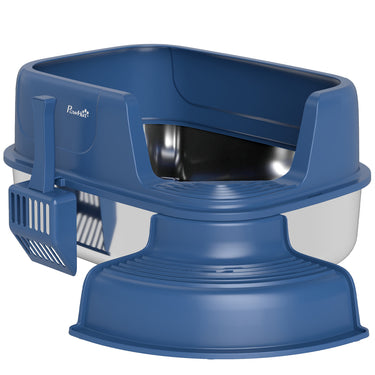 PawHut Stainless Steel Cat Litter Box, Cat Litter Box with High Side and Scoop, Anti-Leakage, Easy to Clean, Navy Blue