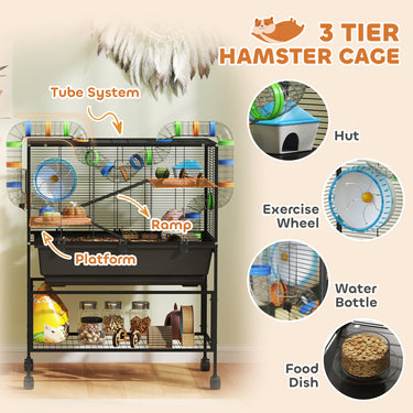 PawHut 3 Tier Rolling Hamster Cage with 7" Deep Tray, Storage Shelf, Big Exercise Wheel, Tube System, for Syrian, Gerbil, Rat