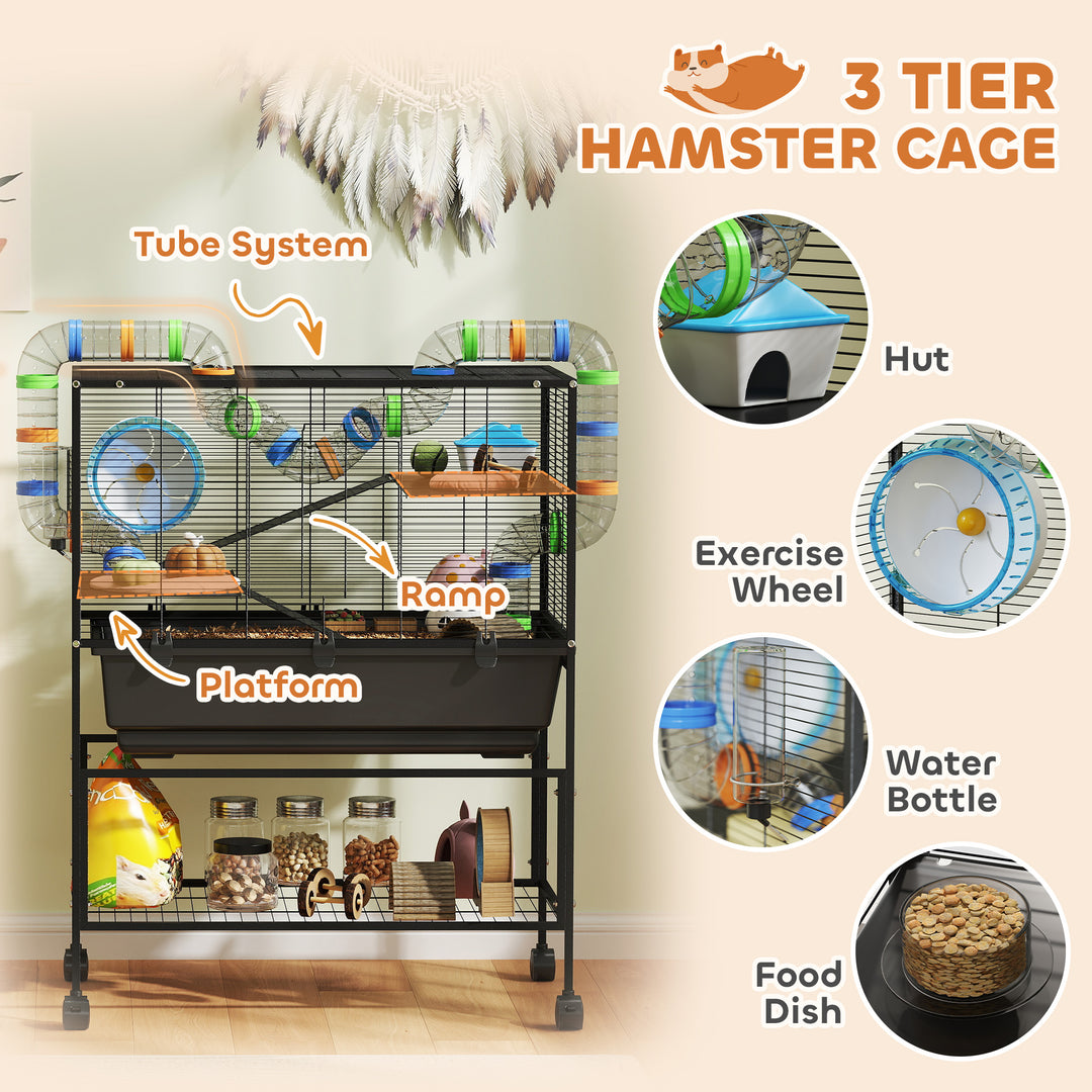 PawHut 3 Tier Rolling Hamster Cage with 7" Deep Tray, Storage Shelf, Big Exercise Wheel, Tube System, for Syrian, Gerbil, Rat