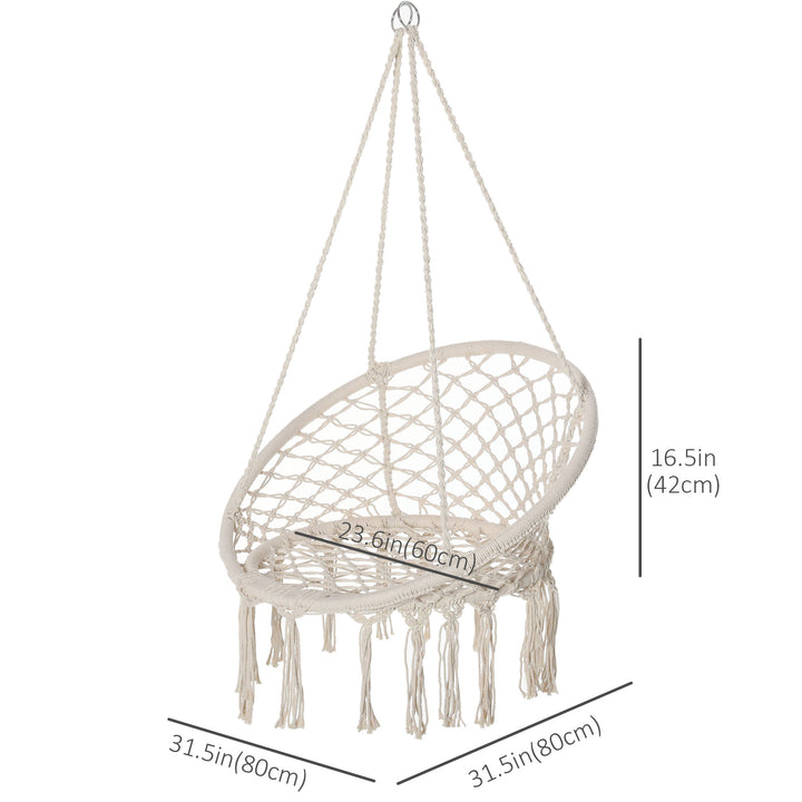 Outsunny Patio Hammock Chair, Hanging Rope Hammock Swing for Indoor & Outdoor Use with Backrest, Cotton-Polyester Blend, Fringe Tassels, Cream White
