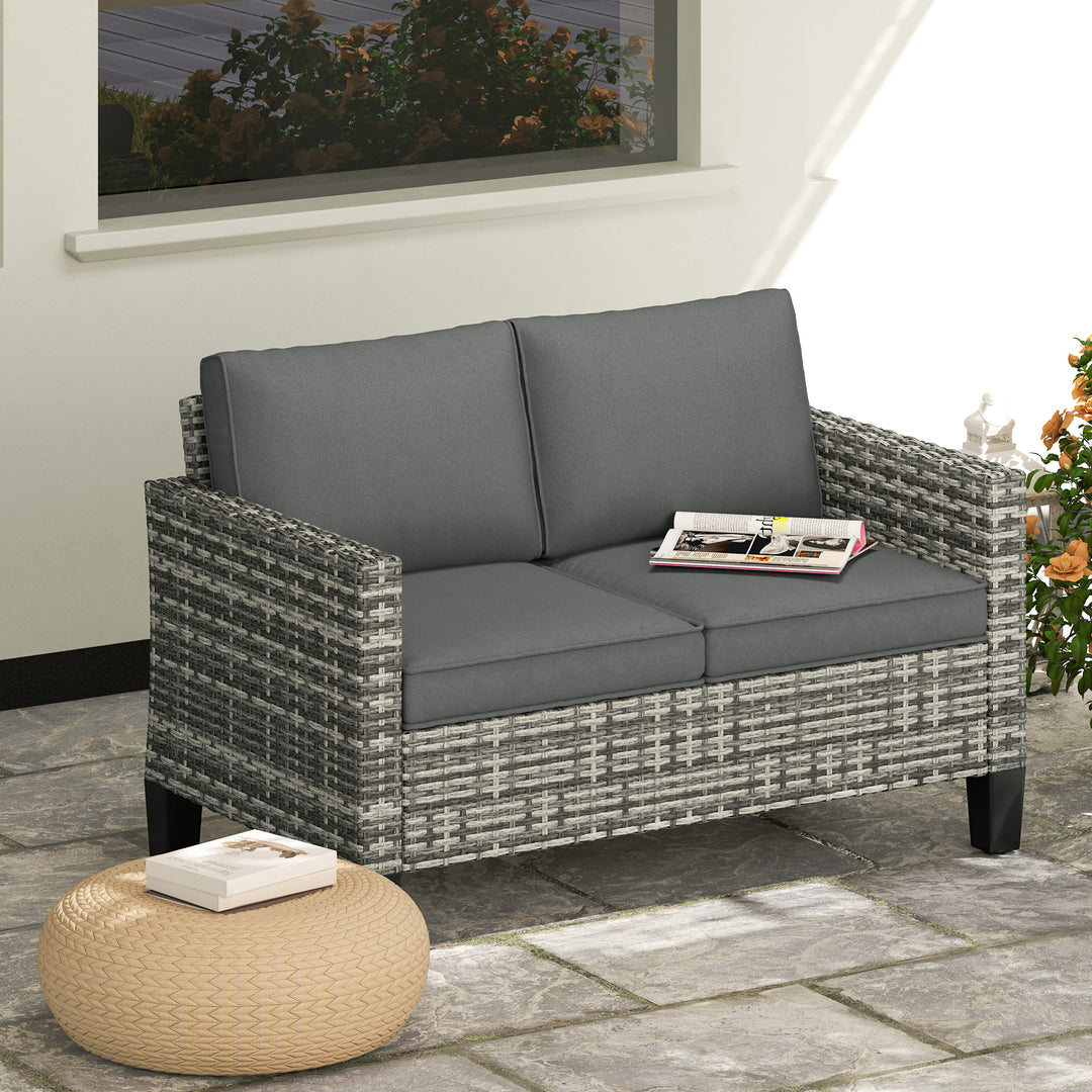 Outsunny 2 Seat Patio Loveseat Deluxe Wicker Sofa Chair Outdoor Rattan Furniture Couch All Weather with Cushion for Balcony, Deck, Garden and Poolside, Grey
