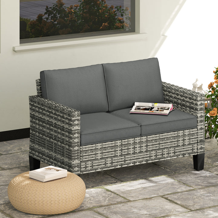 Outsunny 2 Seat Patio Loveseat Deluxe Wicker Sofa Chair Outdoor Rattan Furniture Couch All Weather with Cushion for Balcony, Deck, Garden and Poolside, Grey