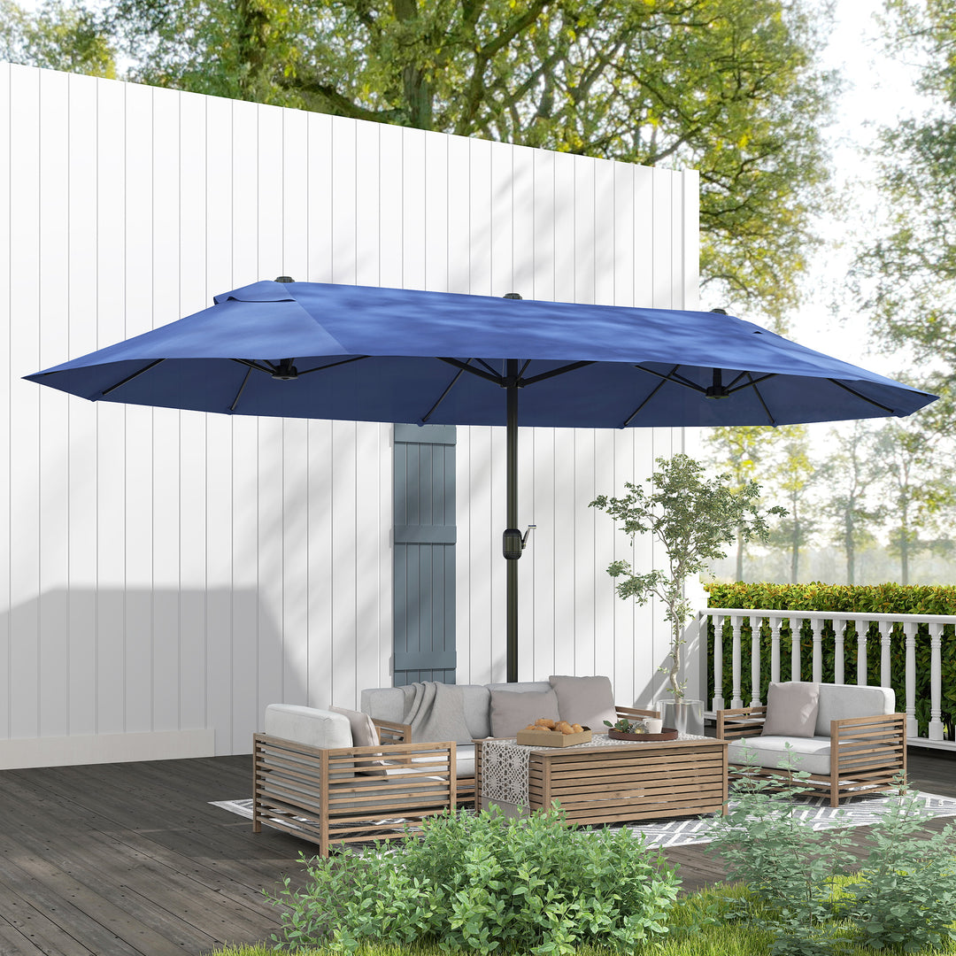 Outsunny 15ft Double-sided Patio Umbrella with Twin Canopy, Extra Large Outdoor Parasol with Crank for Pool, Deck, Market, Blue