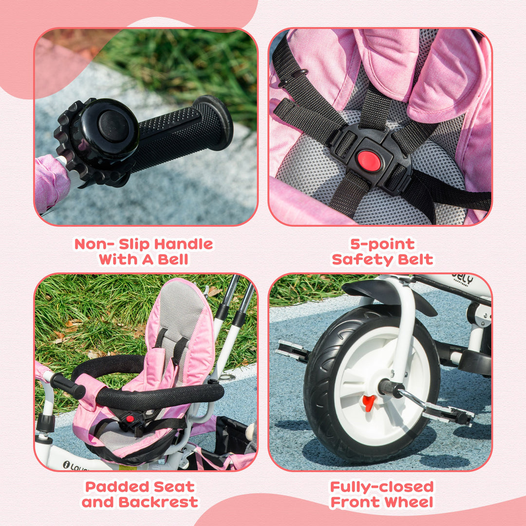 Qaba 6 in 1 Toddler Tricycle Stroller with Basket, Canopy, 5-point Safety Harness, for 12-60 Months, Pink