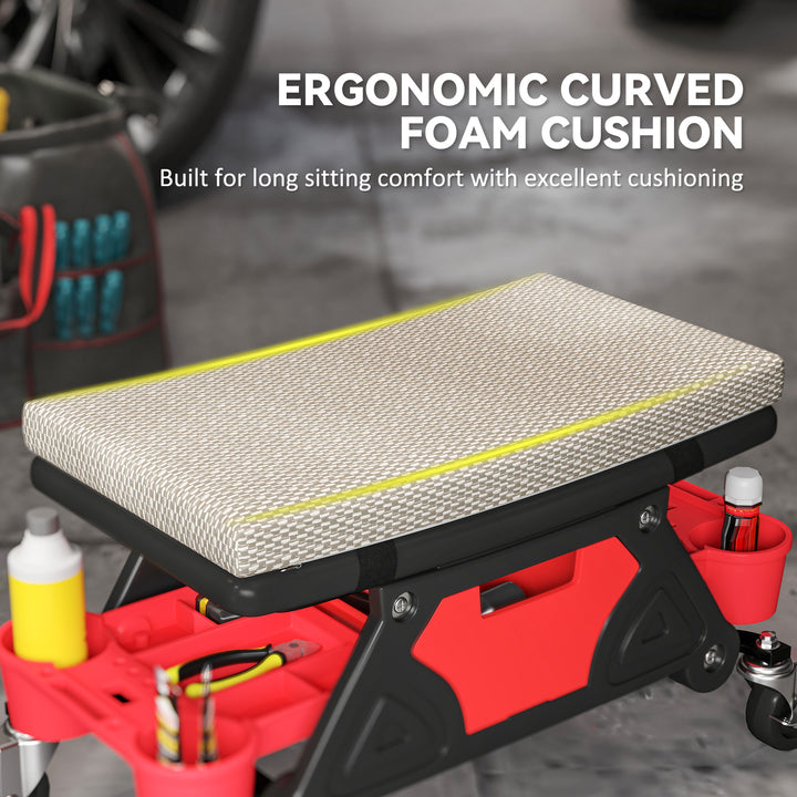 HOMCOM Rolling Garage Stool with Wheels, 300 LBS Capacity Padded Mechanic Stool with Tool Trays Storage, Black