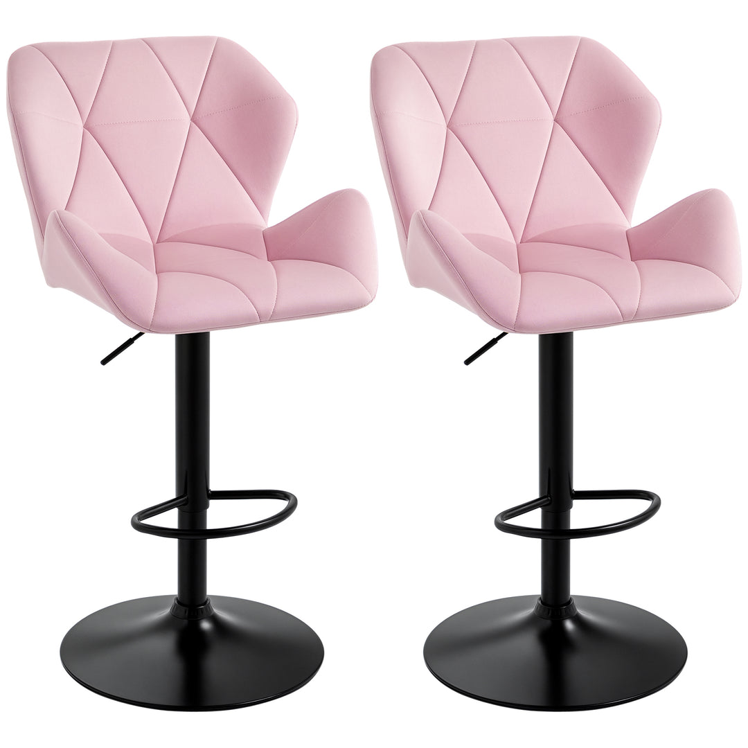 HOMCOM Velvet-Touch Bar Stool Set of 2 Fabric Adjustable Height Armless Counter Chairs with Swivel Seat, Pink