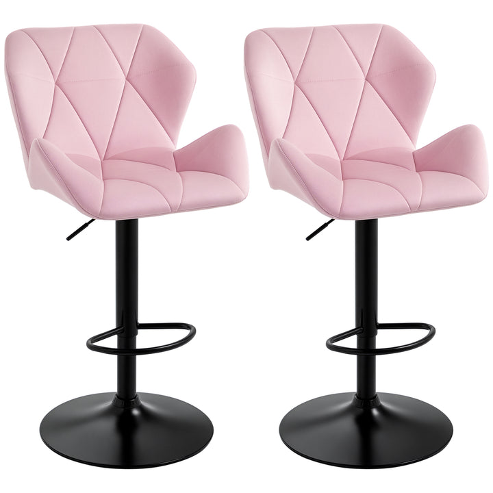 HOMCOM Velvet-Touch Bar Stool Set of 2 Fabric Adjustable Height Armless Counter Chairs with Swivel Seat, Pink