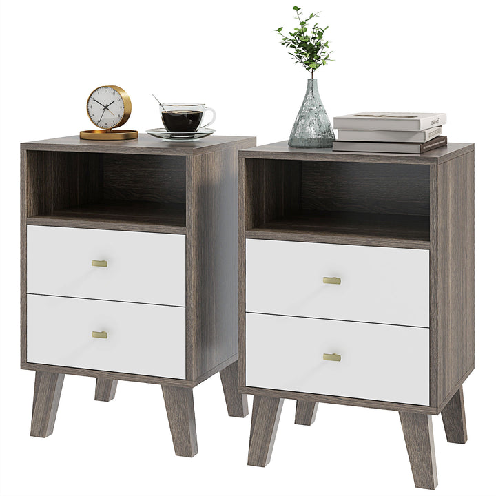 HOMCOM Nightstand Set of 2, Modern Bedside Table, Night Stand for Living Room with 3 Drawers and Open Storage, Grey