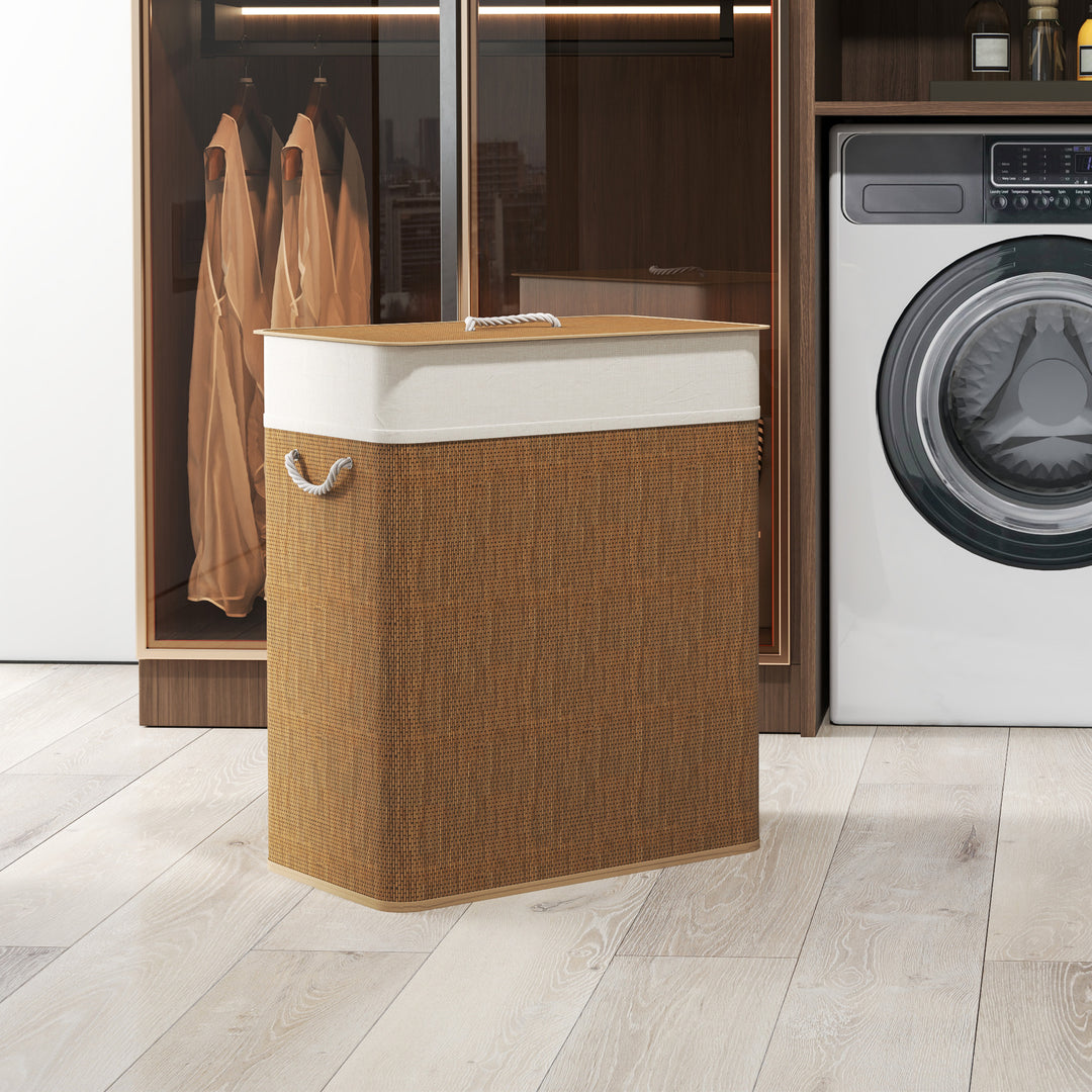 HOMCOM Double Laundry Basket with Lid, 100L Bamboo Laundry Hamper with Rope Handles and Removable Bags, Natural