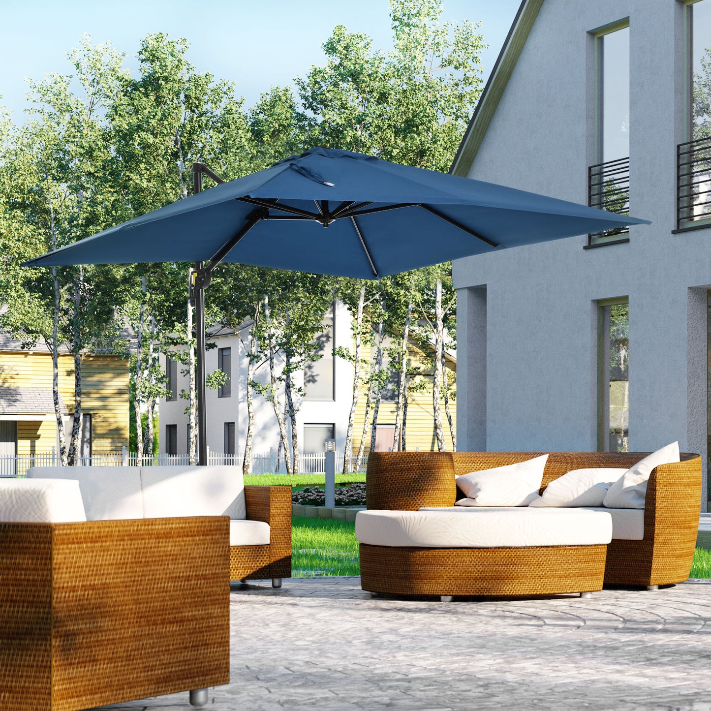 Outsunny 8' x 8' Square Patio Hanging Offset Umbrella with 360Â° Rotation, Aluminum Outdoor Cantilever Parasol with Crank & Tilt, Sun Canopy Shelter with Cross Base, Dark Blue