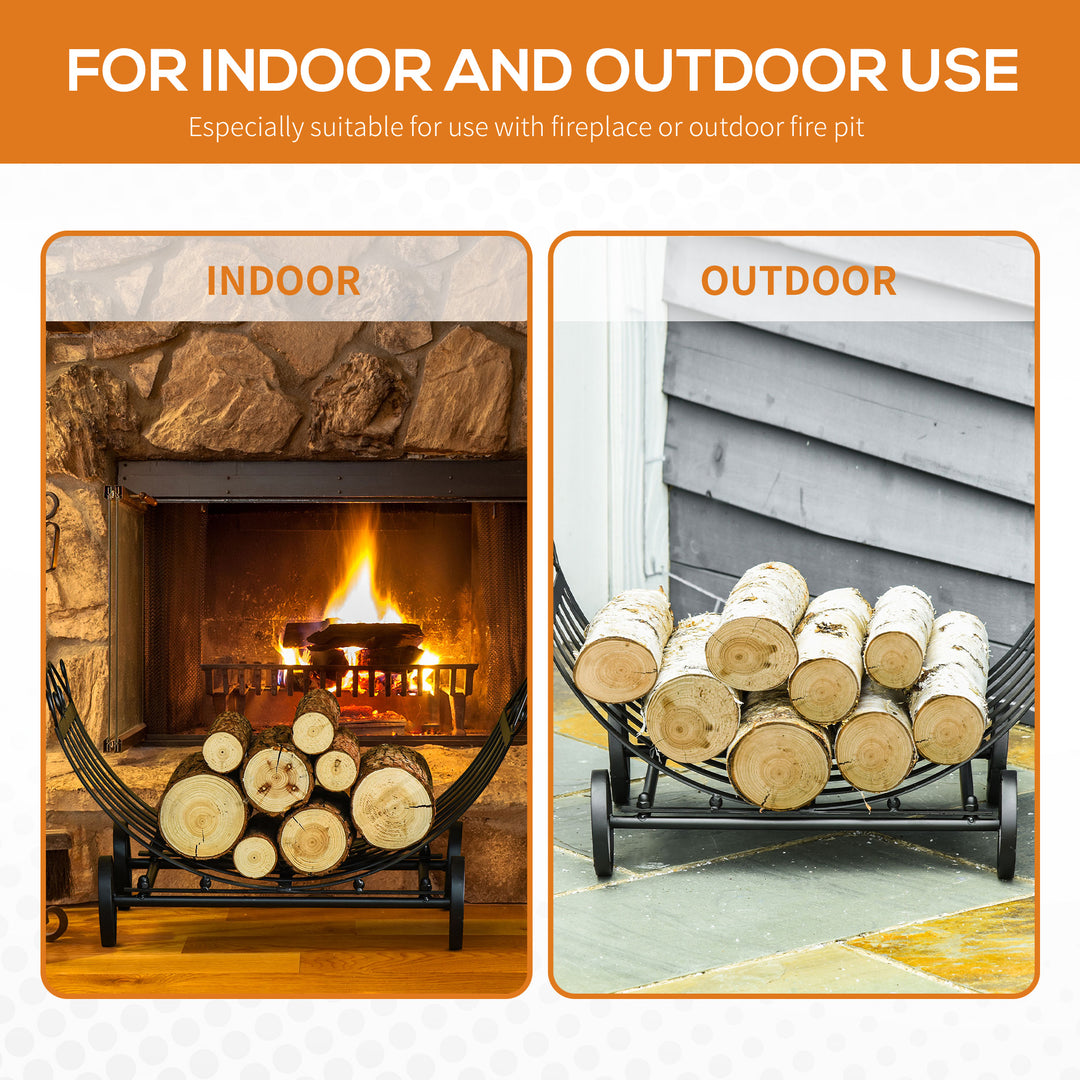 Outsunny 23" Firewood Log Rack Curved Fireplace Log Holder Stylish Wood Storage Carrier with Scrolls, for Outdoor and Indoor Use, Black