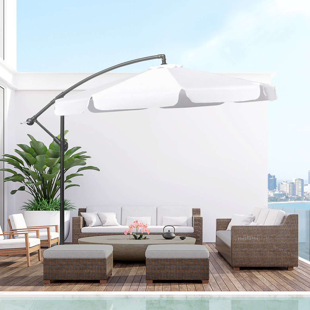 Outsunny 9FT Offset Hanging Patio Umbrella Cantilever Umbrella with Easy Tilt Adjustment, Cross Base and 8 Ribs for Backyard, Poolside, Lawn and Garden, White