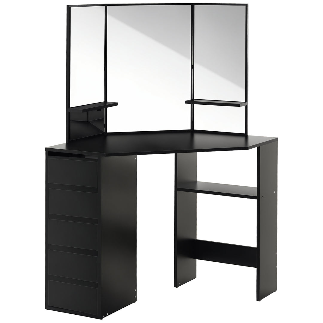HOMCOM Corner Vanity Table, Makeup Vanity Table with 5 Drawers and Open Shelves, Dressing Table with 3-piece Mirror for Bedroom, Black