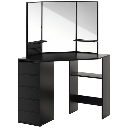 HOMCOM Corner Vanity Desk with Mirror, Makeup Vanity Table with 5 Drawers and Open Shelves, Dressing Table with 3-piece Mirror for Bedroom, Black