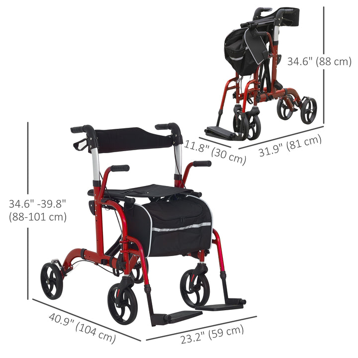 HOMCOM Rollator Walker with Seat, Folding Rolling Walker with 8" Wheels, Walker for Seniors with Adjustable Height, Red