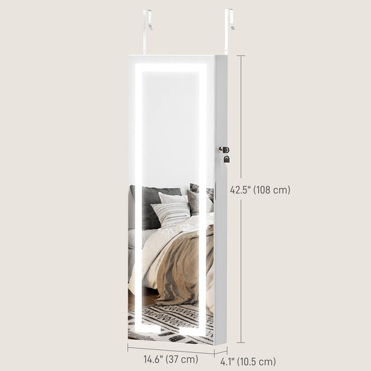 HOMCOM LED Lighted Jewelry Armoire with Mirror Jewelry Cabinet with Storage Lockable Door/Wall Mounted Jewelry Organizer, White