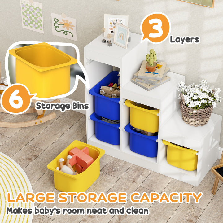 Qaba 3 Layers Toy Storage Organizer Kids Bookshelf Children Toy Storage w/ 6 Plastic Bins, Grey