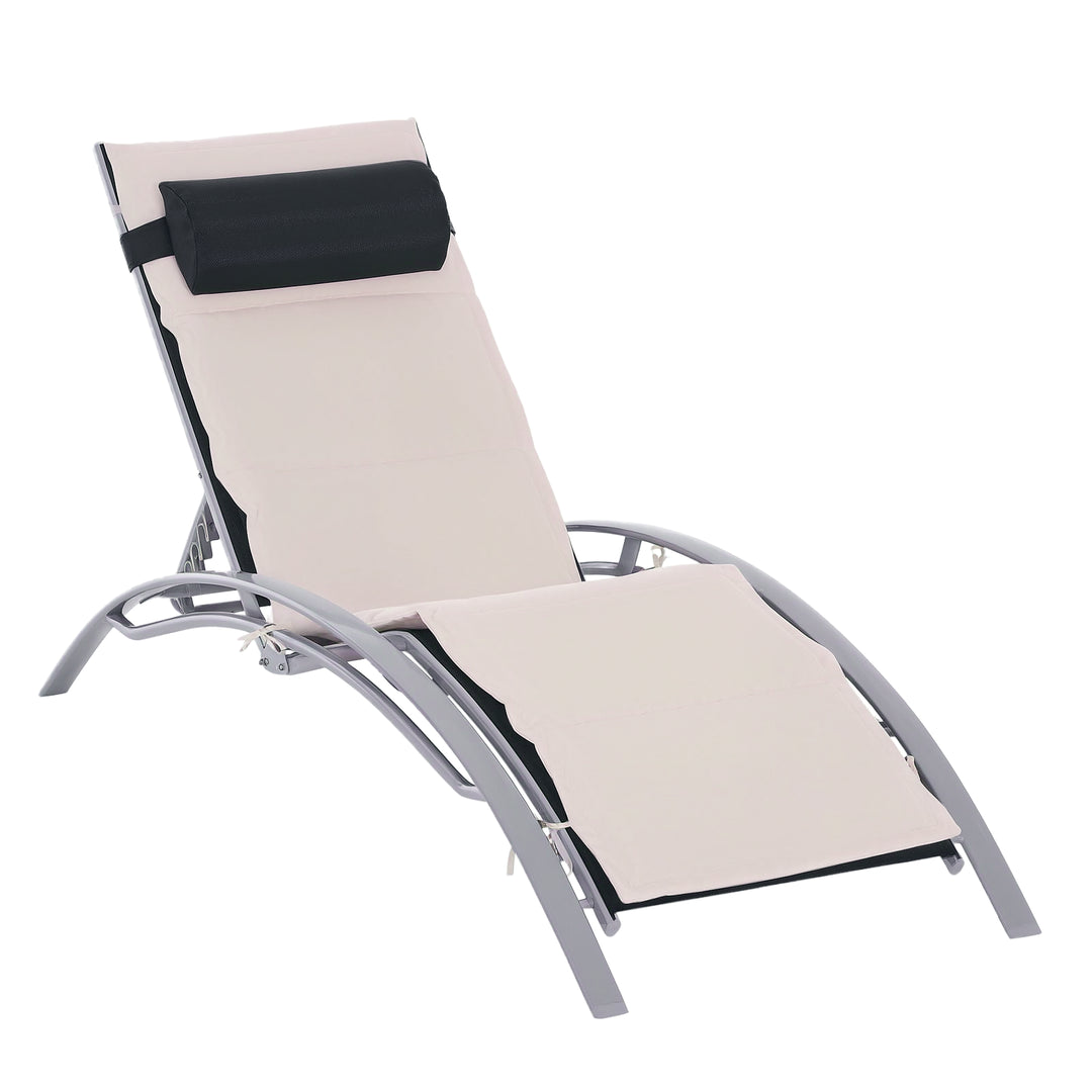 Outsunny Aluminum Patio Tanning Chair with Soft Padded Seat Cushion, Outdoor Lounge Chair with 5-Level Adjustable Backrest & Head Pillow, Beige