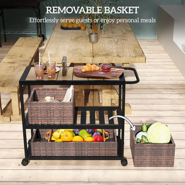 Outsunny Outdoor Bar Cart with Side Handle, 3-Tier Rolling Cart on Wheels with Removable Rattan Basket, Mixed-Brown