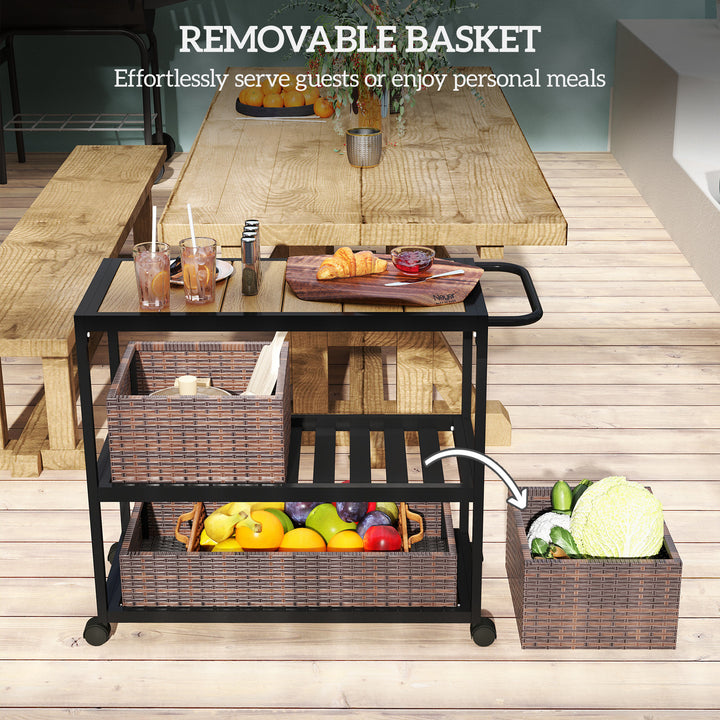 Outsunny Outdoor Bar Cart with Side Handle, 3-Tier Rolling Cart on Wheels with Removable Rattan Basket, Mixed-Brown